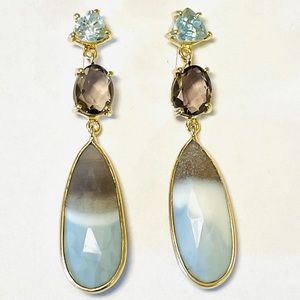 Sterling Silver Blue Topaz, Smoky Quartz And Blue Opal Earrings